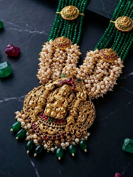 Lakshmi Pendant Emerald/Ruby/Pearl Necklace Set