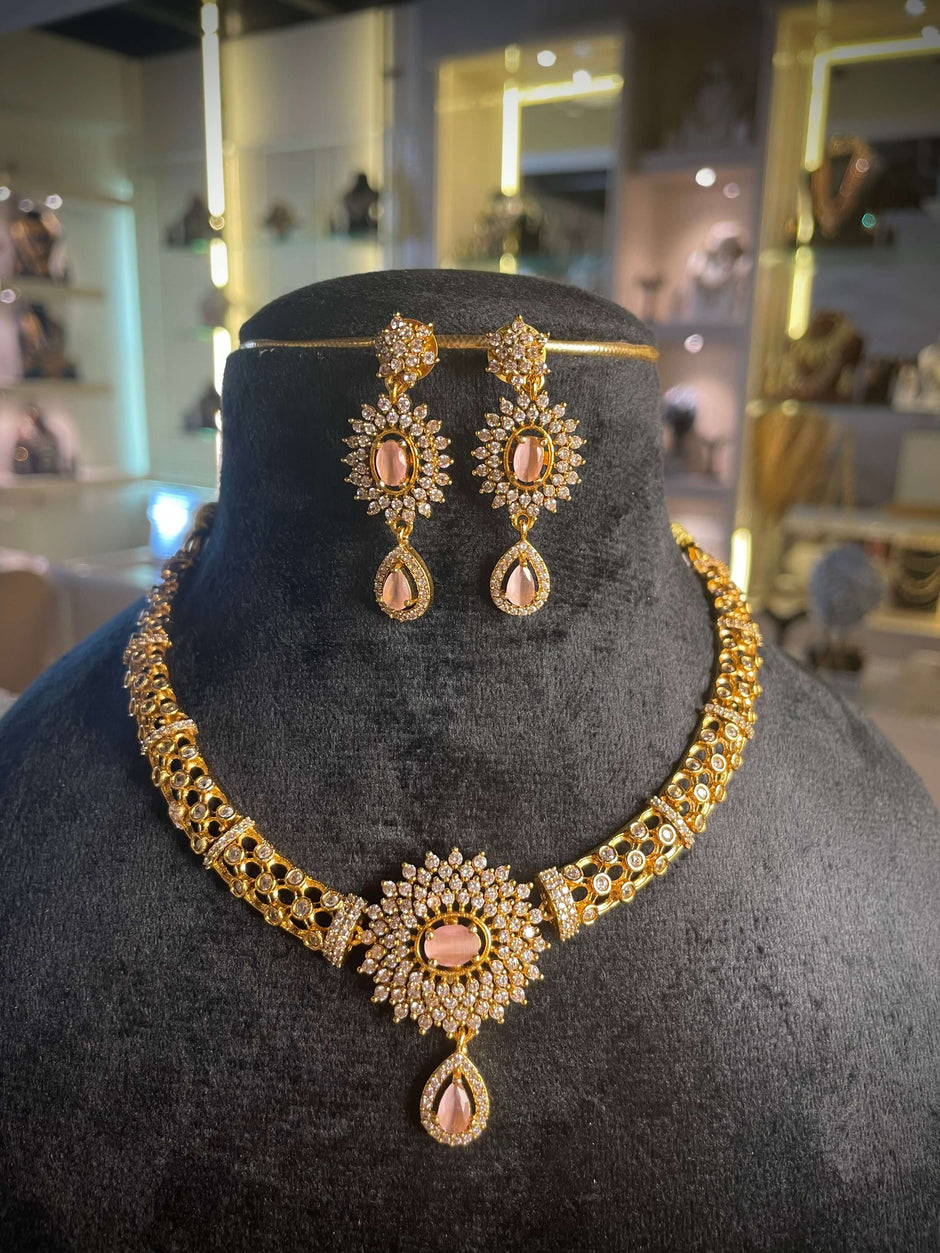 Royal Pink Oval Stone Statement Necklace Set