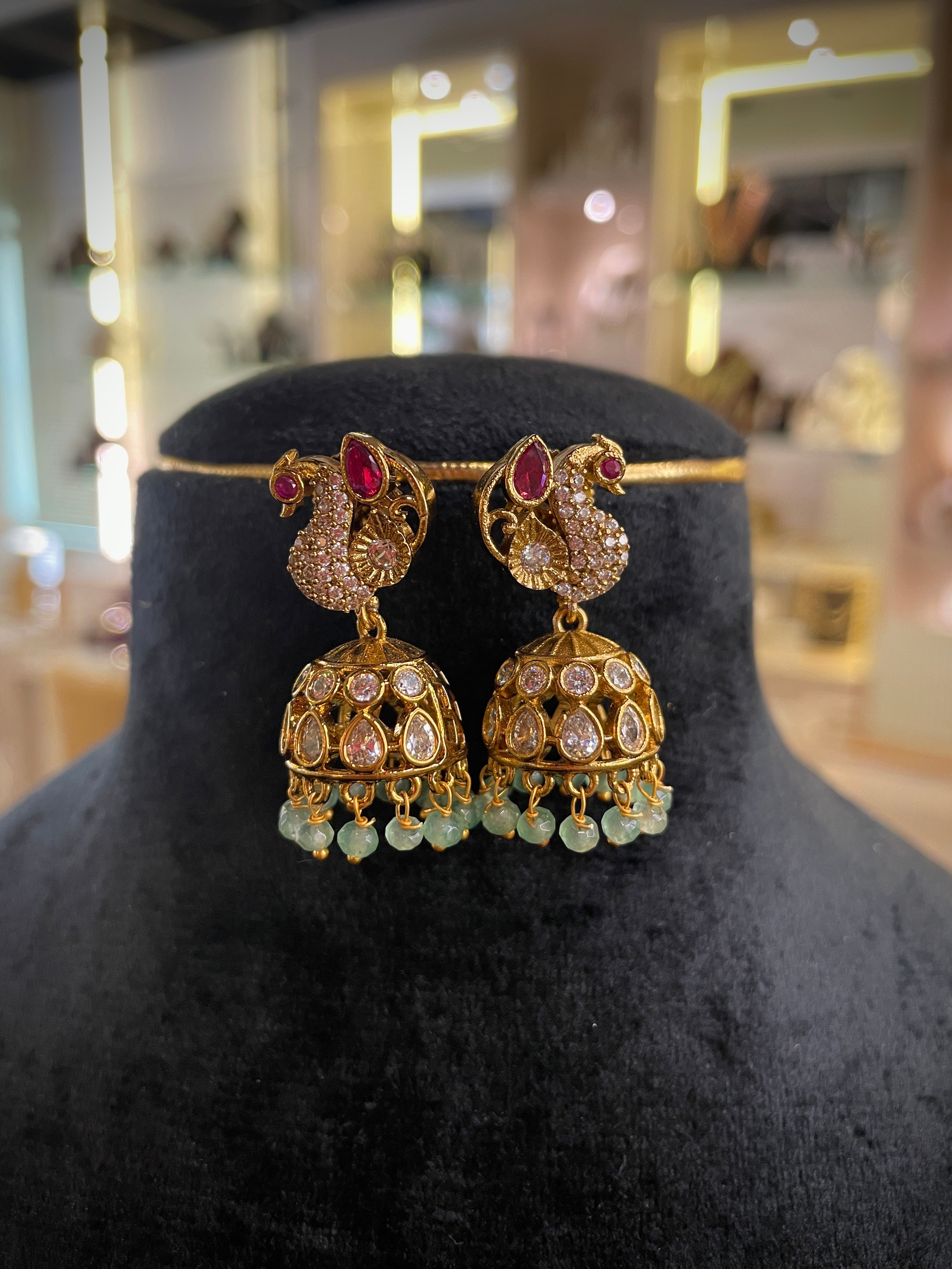 Peacock Ruby Emerald Pearl Choker Necklace Set