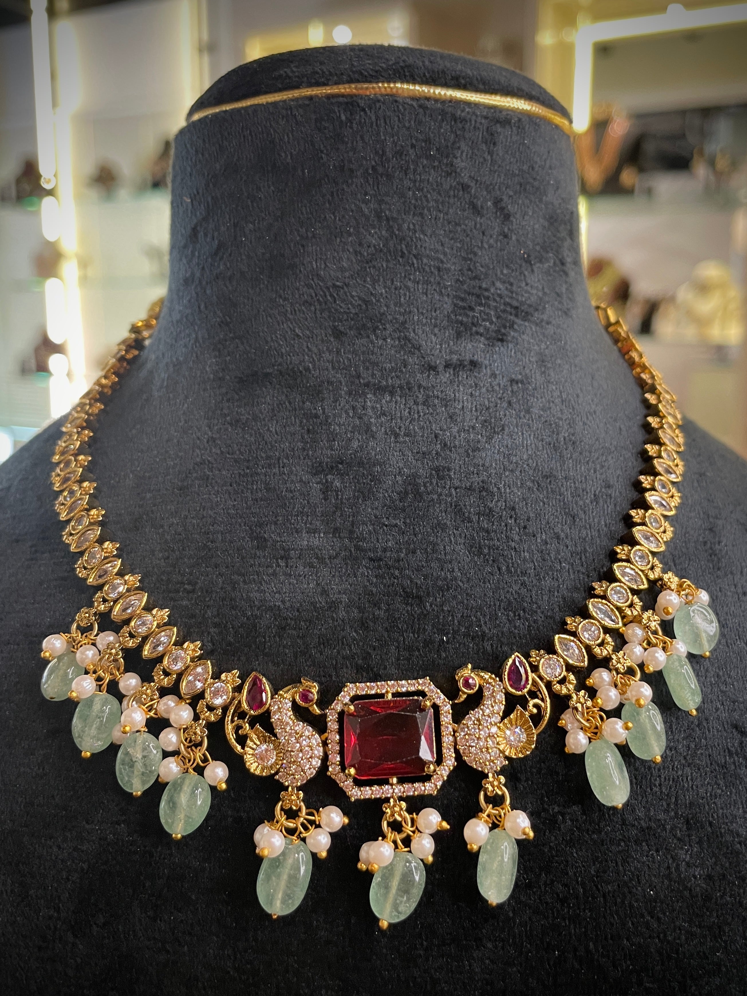 Peacock Ruby Emerald Pearl Choker Necklace Set