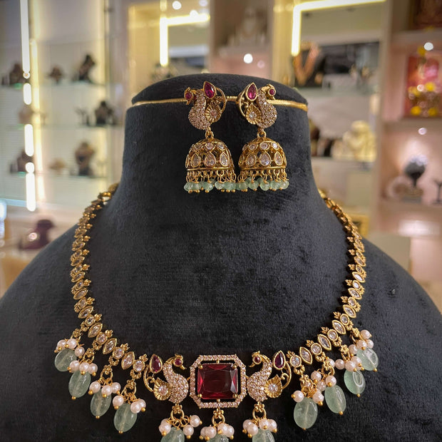 Peacock Ruby Emerald Pearl Choker Necklace Set