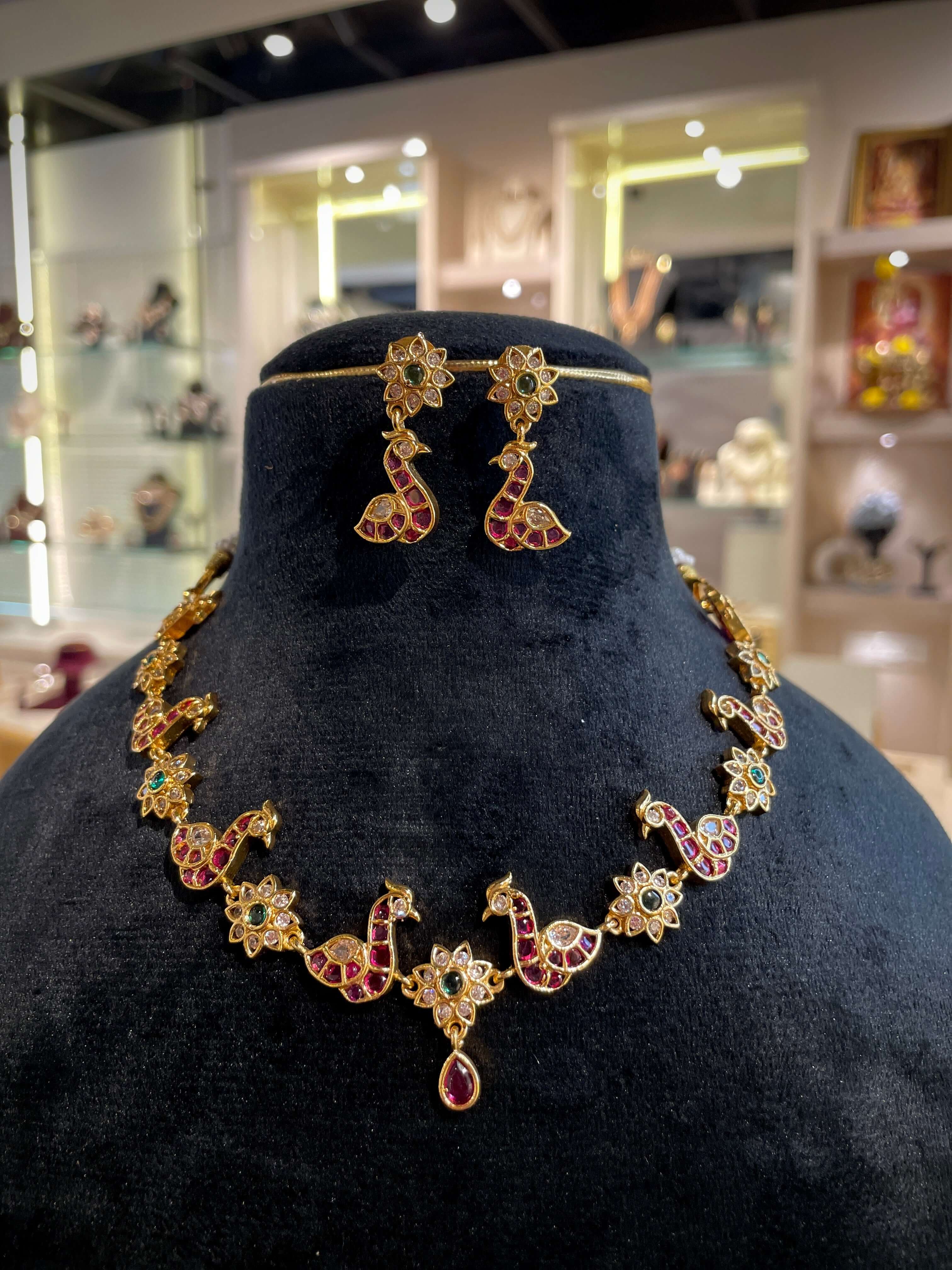 Peacock Ruby & Emerald Floral Necklace Set
