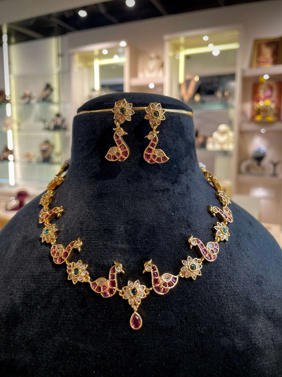 Peacock Ruby & Emerald Floral Necklace Set